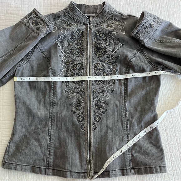 EUC Chicos Platinum grey denim jacket w/beaded embellishment - Picture 10 of 10